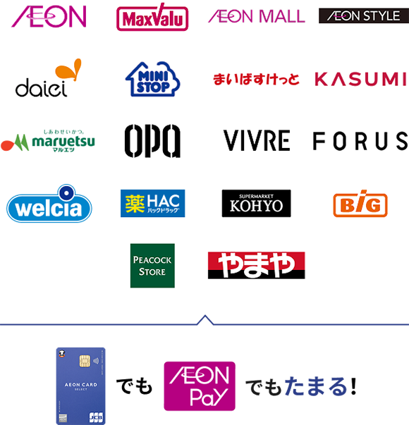 AEON MaxValu AEON MALL AEON STYLE daiei MINISTOP まいばすけっと KASUMI しあわせいかつ。 maruetsu マルエツ OPA VIVRE FORUS welcia 薬HAC KOHYO BiG PEACOCK STORE やまや イオンカードでもAEON Payでもたまる!