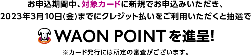 お申込期間中、対象カードに新規でお申込みいただき、2023年3月10日(金)までにクレジット払いをご利用いただくと抽選で WAON POINTを進呈! ※カード発行には所定の審査がございます。
