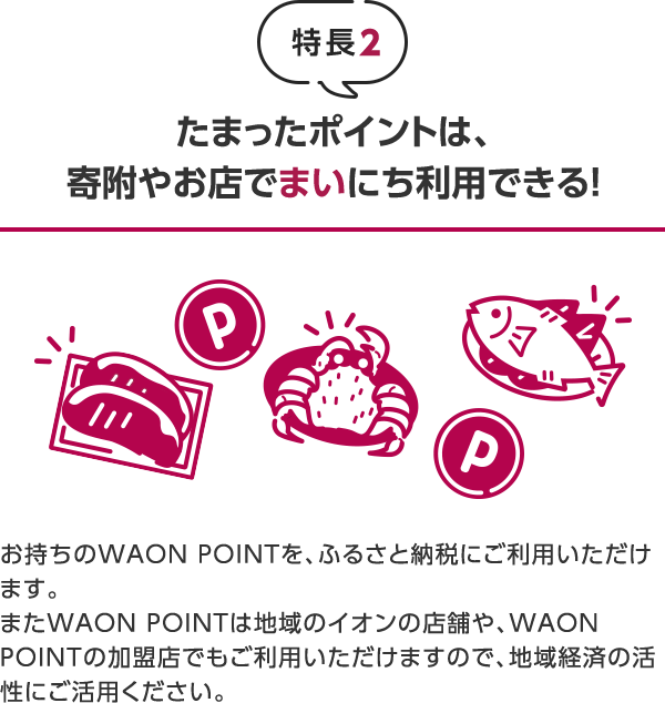 特長2 たまったポイントは、寄附やお店でまいにち利用できる! お持ちのWAON POINTを、ふるさと納税にご利用いただけます。またWAON POINTは地域のイオンの店舗や、WAON POINTの加盟店でもご利用いただけますので、地域経済の活性にご活用ください。