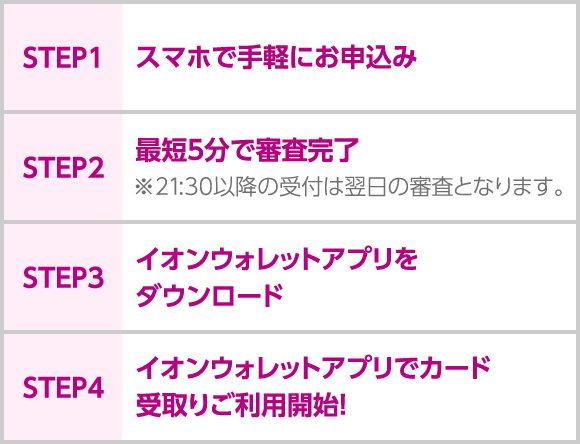 STEP1 スマホで手軽にお申込み STEP2 最短5分で審査完了 ※21:30以降の受付は翌日の審査となります。 STEP3 イオンウォレットアプリをダウンロード STEP4 イオンウォレットアプリでカード受取りご利用開始!