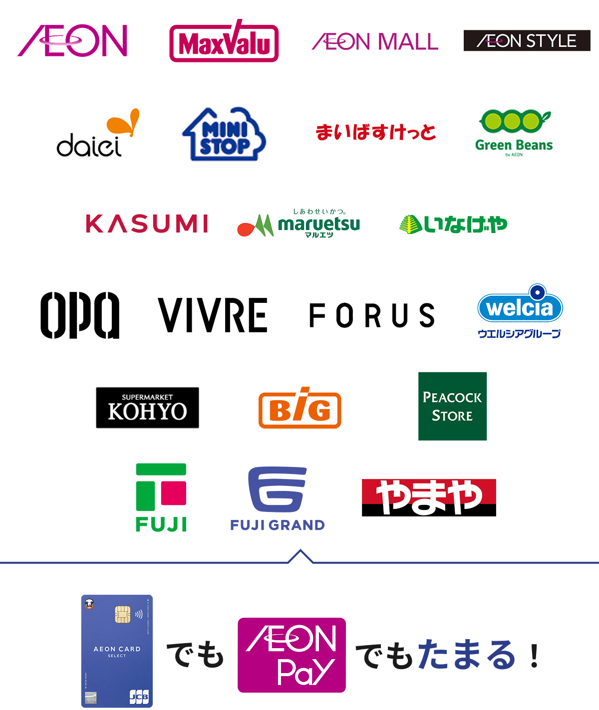 AEON MaxValu AEON MALL AEON STYLE daiei MINISTOP まいばすけっと Green Beans KASUMI しあわせいかつ。 maruetsu マルエツ いなげや OPA VIVRE FORUS welcia ウエルシアグループ KOHYO BiG PEACOCK STORE FUJI FUJI GRANDやまや イオンカードでもAEON Payでもたまる！