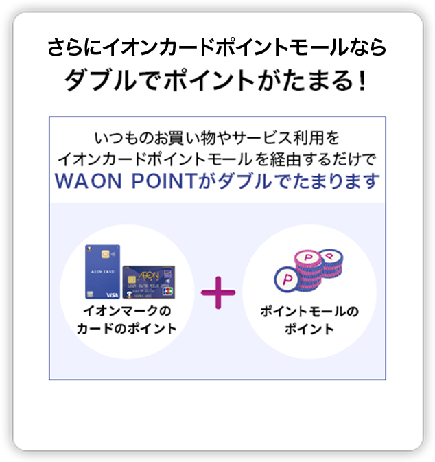 さらにイオンカードポイントモールならダブルでポイントがたまる！ いつものお買い物やサービス利用をイオンカードポイントモールを経由するだけでWAON POINTがダブルでたまります イオンマークのカードのポイント＋ポイントモールのポイント