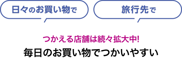 日々のお買い物で 旅行先で つかえる店舗は続々拡大中！ 毎日のお買い物でつかいやすい