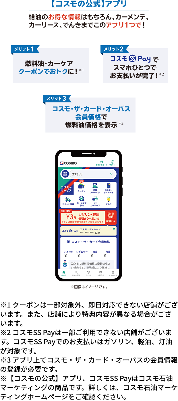 【コスモの公式】アプリ 給油のお得な情報はもちろん、カーメンテ、カーリース、でんきまでこのアプリ1つで！ メリット1 燃料油・カーケアクーポンでおトクに！*1 メリット2 コスモSS Payでスマホひとつでお支払いが完了！*2 メリット3 コスモ・ザ・カード・オーパス会員価格で燃料油価格を表示*3 *1 クーポンは一部対象外、即日対応できない店舗がございます。また、店舗により特典内容が異なる場合がございます。 *2 コスモSS Payは一部ご利用できない店舗がございます。コスモSS Payでのお支払いはガソリン、軽油、灯油が対象です。 *3 アプリ上でコスモ・ザ・カード・オーパスの会員情報の登録が必要です。 ※【コスモの公式】アプリ、コスモSS Payはコスモ石油マーケティングの商品です。詳しくは、コスモ石油マーケティングホームページをご確認ください。 ※画像はイメージです。