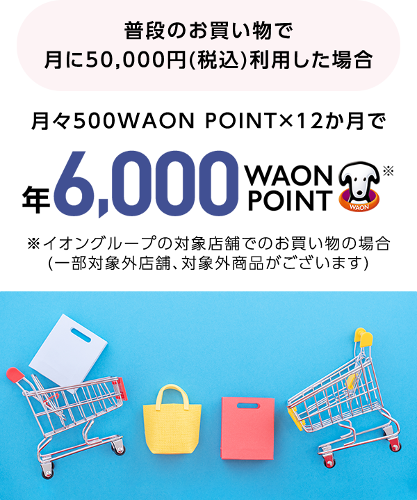 普段のお買い物で月に50,000円(税込)利用した場合 月々500WAON POINTx12か月で 年6000WAON POINT ※イオングループの対象店舗でのお買い物の場合 (一部対象外店舗、対象外商品がございます)