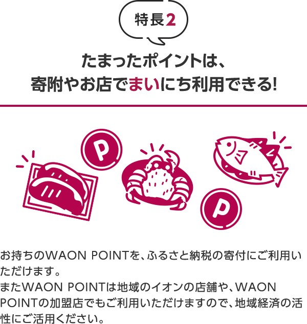 特長2 たまったポイントは、寄附やお店でまいにち利用できる! お持ちのWAON POINTを、ふるさと納税の寄付にご利用いただけます。またWAON POINTは地域のイオンの店舗や、WAON POINTの加盟店でもご利用いただけますので、地域経済の活性にご活用ください。