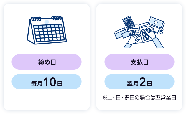［締め日：毎月10日］［支払日：翌月2日 ※土・日・祝日の場合は翌営業日］