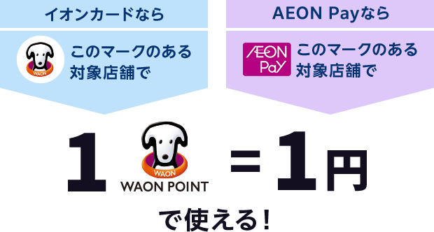【イオンカードなら：このマーク(WAON POINT)のある対象店舗で】【AEON Payなら：このマーク(AEON Pay)のある対象店舗で】1WAON POINT=1円で使える！