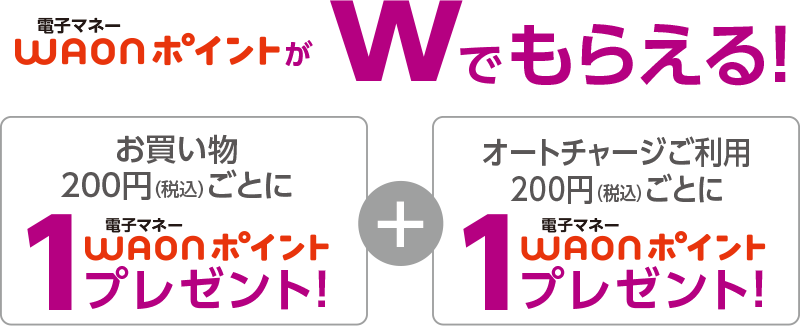 電子マネーWAONポイントがWでもらえる！ お買い物200円(税込)ごとに1電子マネーWAONポイントプレゼント！＋オートチャージご利用200円(税込)ごとに1電子マネーWAONポイントプレゼント！