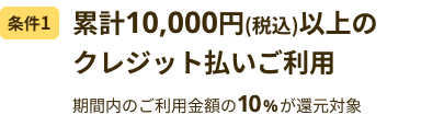 条件1 累計10,000円(税込)以上のクレジット払いご利用 期間内のご利用金額の10%が還元対象