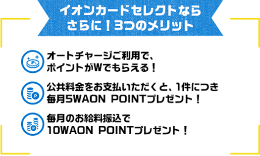 イオンカードセレクトならさらに！3つのメリット オートチャージご利用で、ポイントがWでもらえる！ 公共料金をお支払いただくと、1件につき毎月5WAON POINTプレゼント！ 毎月のお給料振込で10WAON POINTプレゼント！