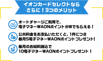 イオンカードセレクトならさらに！3つのメリット オートチャージご利用で、電子マネーWAONポイントがWでもらえる！ 公共料金をお支払いただくと、1件につき毎月5電子マネーWAONポイントプレゼント！ 毎月のお給料振込で10電子マネーWAONポイントプレゼント！