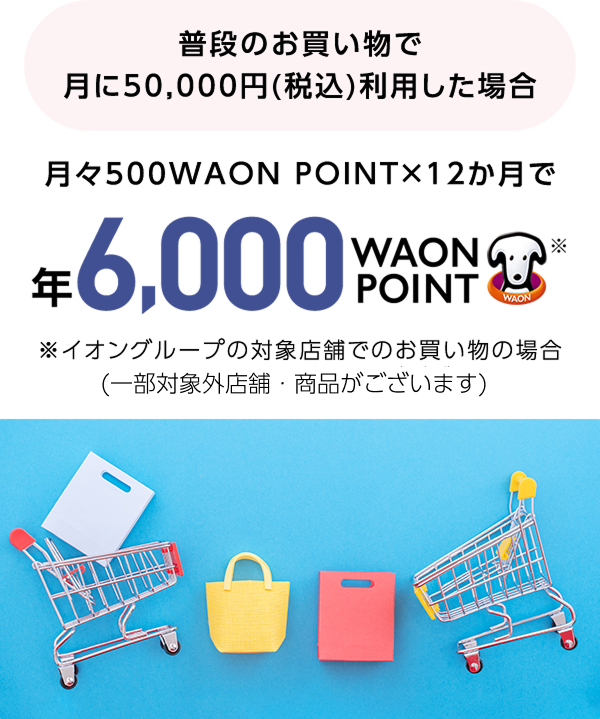 普段のお買い物で月に50,000円(税込)利用した場合 月々500WAON POINTx12か月で 年6000WAON POINT ※イオングループの対象店舗でのお買い物の場合 (一部対象外店舗・商品がございます)