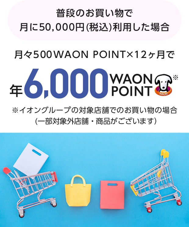 普段のお買い物で月に50,000円(税込)利用した場合 月々500WAON POINTx12ヶ月で 年6000WAON POINT ※イオングループの対象店舗でのお買い物の場合 (一部対象外店舗・商品がございます)