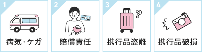 (1)病気・ケガ (2)賠償責任 (3)携行品盗難 (4)携行品破損