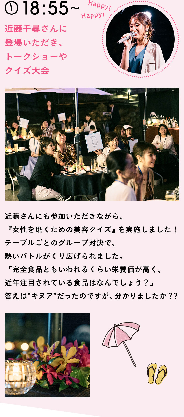 18:55〜 近藤千尋さんに登場いただき、トークショーやクイズ大会 近藤さんにも参加いただきながら、『女性を磨くための美容クイズ』を実施しました！テーブルごとのグループ対決で、熱いバトルがくり広げられました。「完全食品ともいわれるくらい栄養価が高く、近年注目されている食品はなんでしょう？」答えは”キヌア”だったのですが、分かりましたか？？