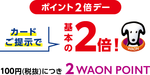 ポイント2倍デー カードご提示で基本の2倍! 100円(税抜)につき2WAON POINT