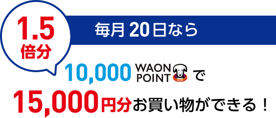 毎月20日なら1.5倍分10,000WAON POINTで15,000円分お買い物ができる！