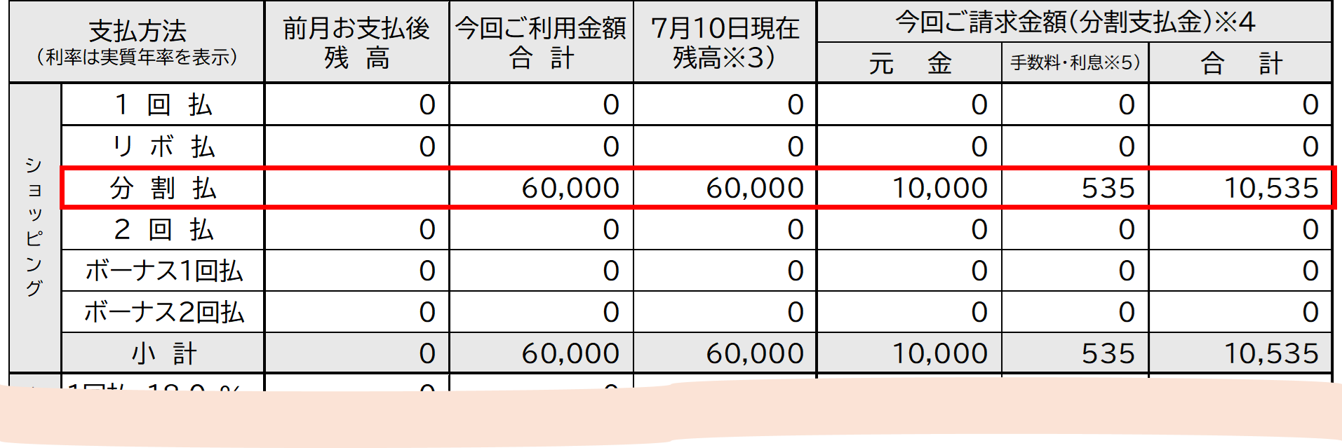 ご請求明細書 ご利用残高明細欄