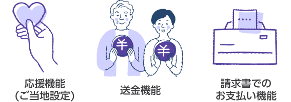 応援機能(ご当地設定) 送金機能 請求書でのお支払い機能