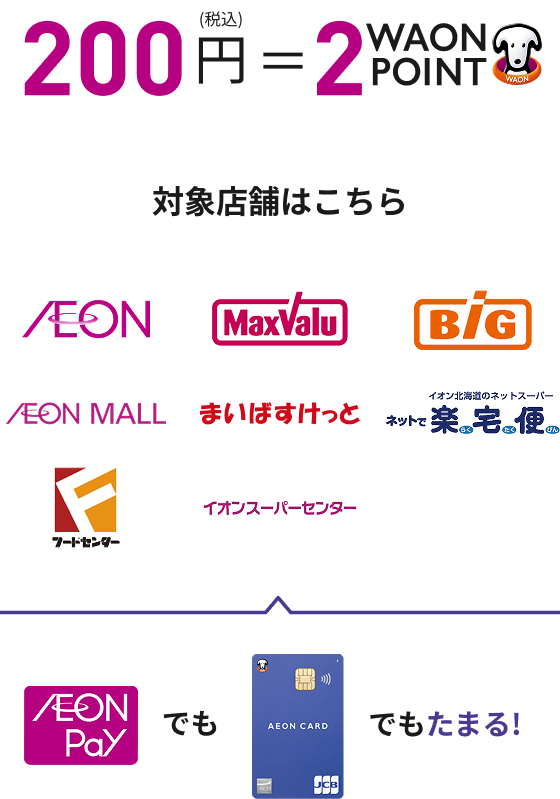 200円(税込)＝2WAON POINT 対象店舗はこちら AEON MaxValu Big AEON MALL まいばすけっと イオン北海道のネットスーパー ネットで楽宅便 フードセンター イオンスーパーセンター AEON Payでもイオンカードでもたまる！