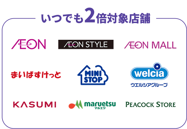 いつでも2倍対象外店舗 AEON AEON STYLE AEON MALL まいばすけっと MINISTOP welcia ウェルシアグループ KASUMI maruetsu PEACOCK STORE