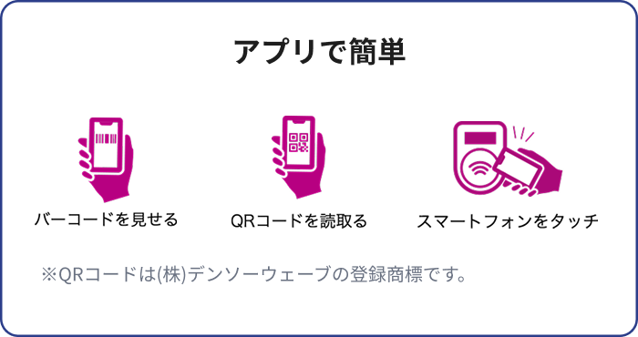 アプリで簡単 バーコードを見せる QRコードを読取る スマートフォンをタッチ ※QRコードは(株)デンソーウェーブの登録商標です。