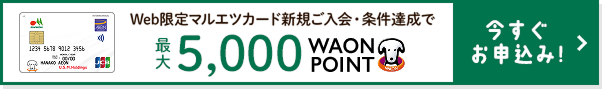 Web限定マルエツカード新規ご入会・条件達成で 最大5,000WAON POINT 今すぐお申込み!
