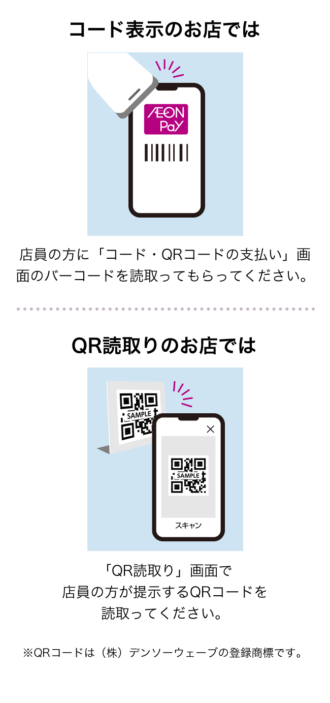 コード表示のお店では 店員の方に「コード・QRコードの支払い」画面のバーコードを読取ってもらってください。 QR読取りのお店では 「QR読取り」画面で店員の方が提示するQRコードを読取ってください。 ※QRコードは(株)デンソーウェーブの登録商標です。