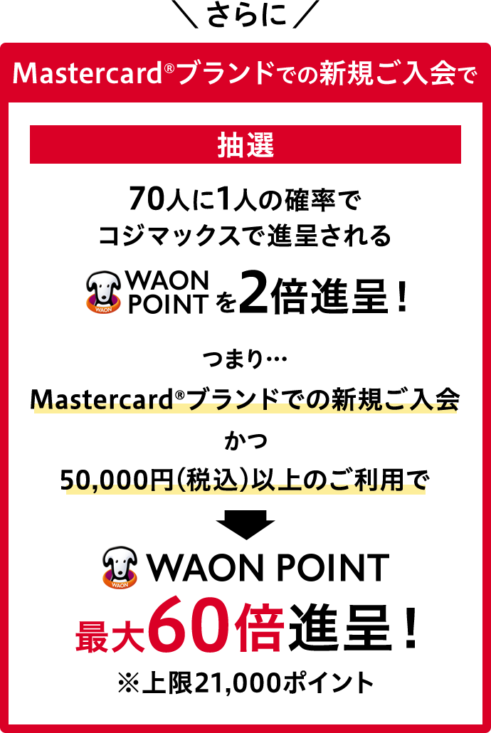 さらに Mastercard®ブランドでの新規ご入会で抽選70人に1人の確率でコジマックスで進呈される WAON POINTを2倍進呈!つまり... Mastercard®ブランドでの新規ご入会 かつ 50,000円(税込)以上のご利用で → WAON POINT 最大60倍進呈! ※上限21,000ポイント