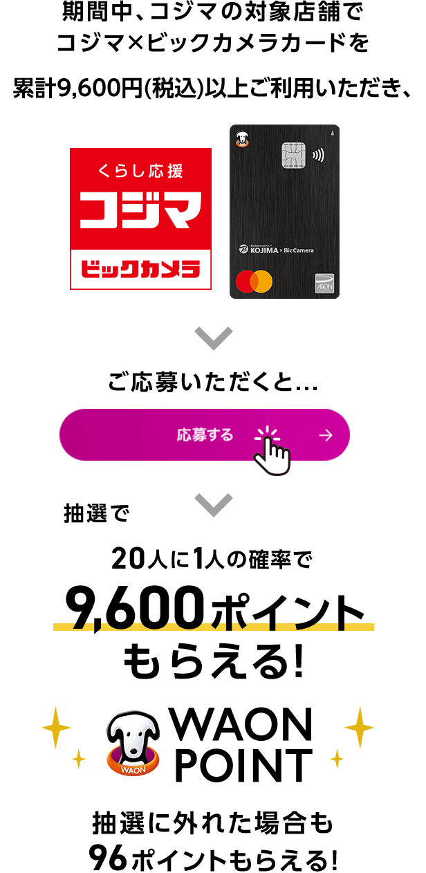 期間中、コジマの対象店舗でコジマ×ビックカメラカードを累計9,600円(税込)以上ご利用いただき、くらし応援 コジマ ビックカメラ コジマ×ビックカメラカード ご応募いただくと...応募する 抽選で20人に1人の確率で 9,600ポイントもらえる！ WAON POINT 抽選に外れた場合も96ポイントもらえる！