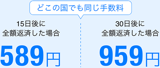 どこの国でも同じ手数料 15日後に全額返済した場合 589円 30日後に全額返済した場合 959円