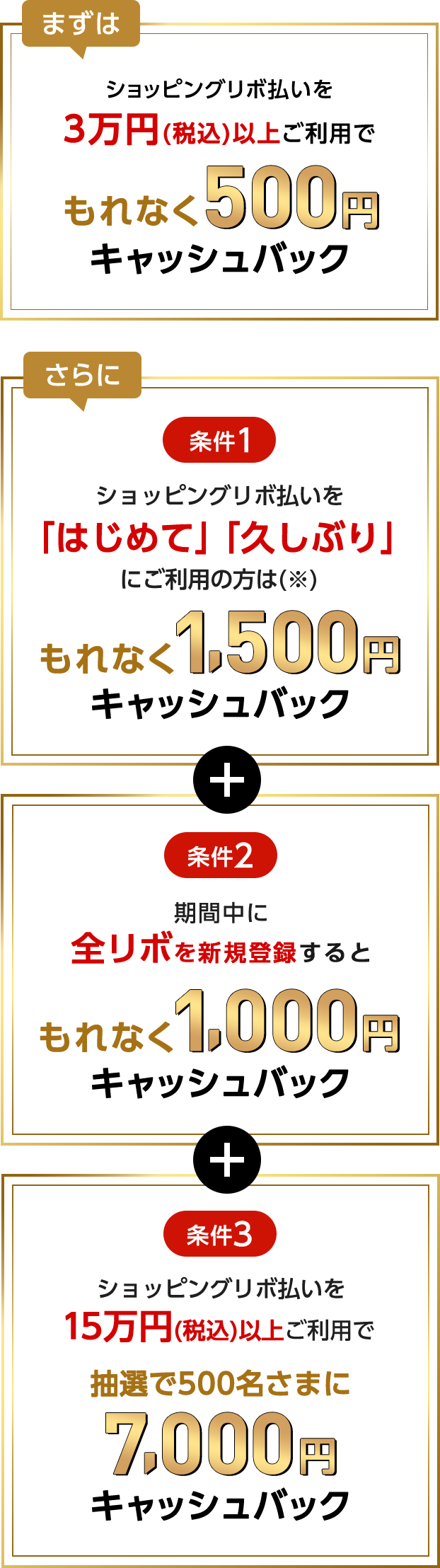まずはショッピングリボ払いを3万円(税込)以上ご利用でもれなく500円キャッシュバック さらに条件1 ショッピングリボ払いを「はじめて」「久しぶり」にご利用の方は(※)もれなく1,500円キャッシュバック + 条件2 期間中に全リボを新規登録するともれなく1,000円キャッシュバック + 条件3 ショッピングリボ払いを15万円(税込)以上ご利用で抽選で500名さまに7,000円キャッシュバック