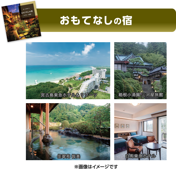 おもてなしの宿 宮古島東急ホテル＆リゾーツ 箱根小涌園 三河屋旅館 佳翠苑 皆美 白馬東急ホテル ※画像はイメージです