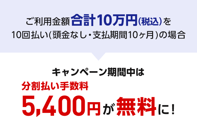 ご利用金額合計10万円(税込)を10回払い(頭金なし・支払期間10ヶ月)の場合 キャンペーン期間中は 分割払い手数料 5,400円が無料に！