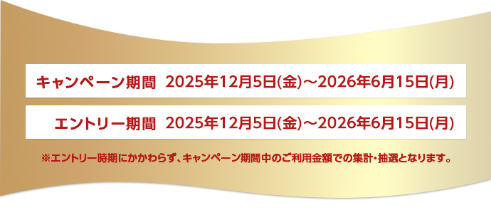 キャンペーン期間 2025年12月5日(金)～2026年6月15日(月) エントリー期間 2025年12月5日(金)～2026年6月15日(月) ※エントリー時期にかかわらず、キャンペーン期間中のご利用金額での集計・抽選となります。