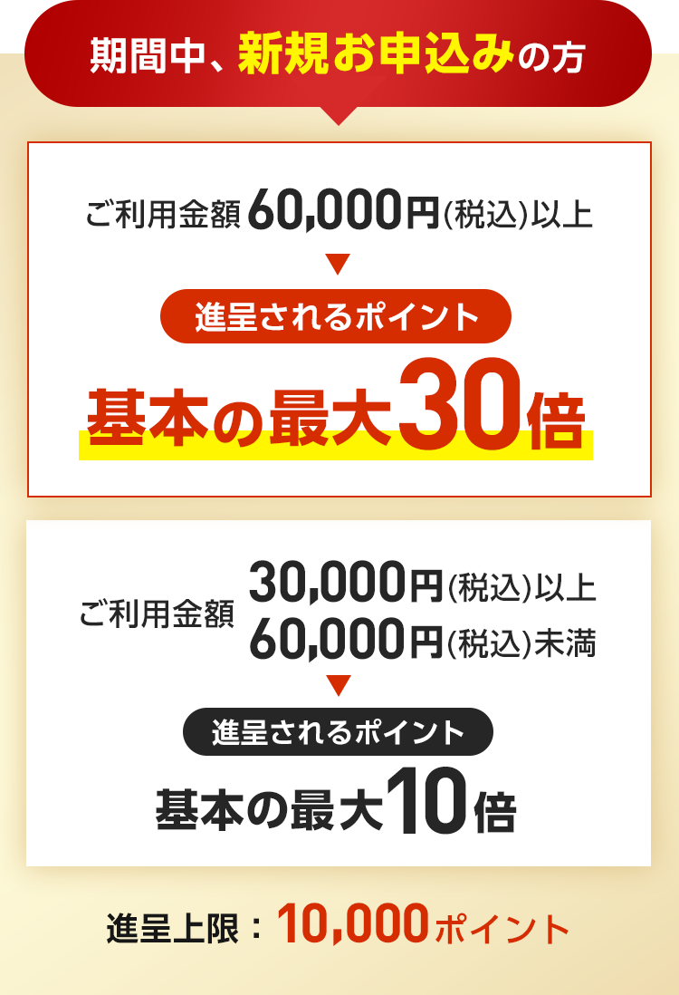 期間中、新規お申込みの方 ご利用金額 60,000円(税込)以上 進呈されるポイント 基本の最大30倍 ご利用金額 30,000円(税込)以上60,000円(税込)未満 進呈されるポイント 基本の最大10倍 進呈上限：10,000ポイント