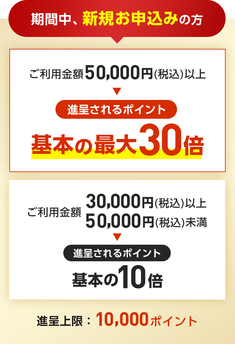 期間中、新規お申込みの方 ご利用金額50,000円(税込)以上 進呈されるポイント 基本の最大30倍 ご利用金額 30,000円(税込)以上50,000円(税込)未満 進呈されるポイント 基本の10倍 進呈上限：10,000ポイント