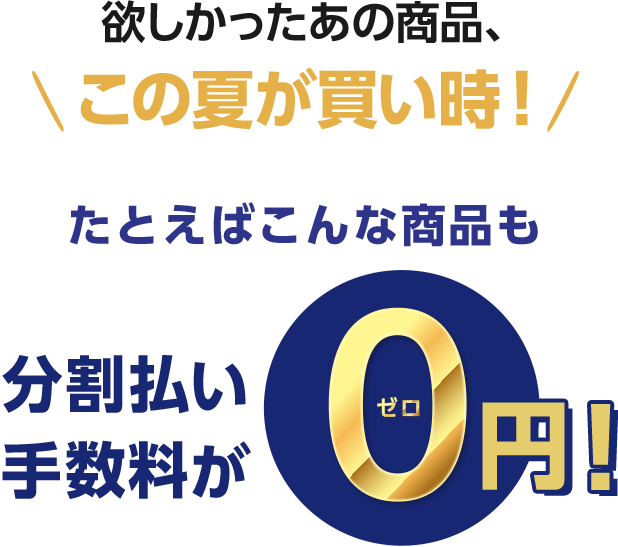 欲しかったあの商品、この夏が買い時！ たとえばこんな商品も 分割払い手数料が0円！ ゼロ