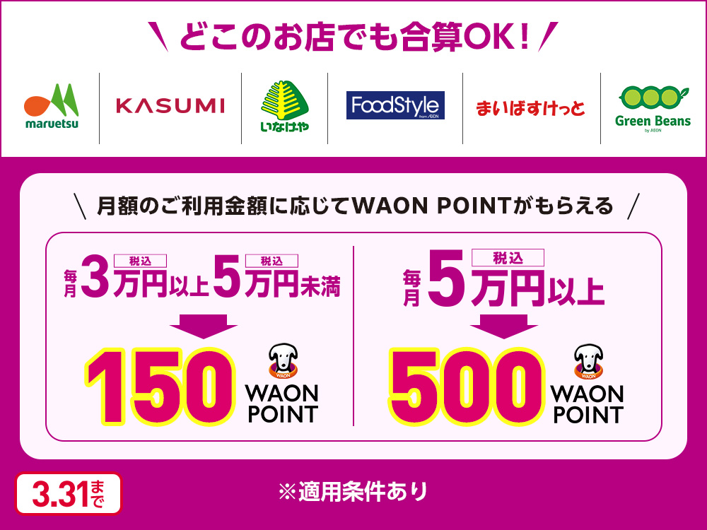 どこのお店でも合算OK！ maruetsu KASUMI いなげや FoodStyle from AEON まいばすけっと Green Beans by AEON 月額のご利用金額に応じてWAON POINTがもらえる 毎月税込3万円以上税込5万円未満 150WAON POINT 毎月税込5万円以上 500WAON POINT ※適用条件あり 2027年3月31日まで