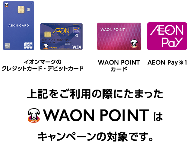 イオンマークのクレジットカード・デビットカード WAON POINTカード AEON Pay ※1 上記をご利用の際にたまったWAON POINTはキャンペーンの対象です。
