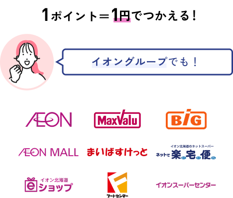 1ポイント=1円でつかえる! イオングループでも! AEON MaxValu BiG AEON MALL まいばすけっと ネットでイオン北海道のネットスーパー 楽(らく)宅(たく)便(びん) イオン北海道eショップ フードセンター イオンスーパーセンター