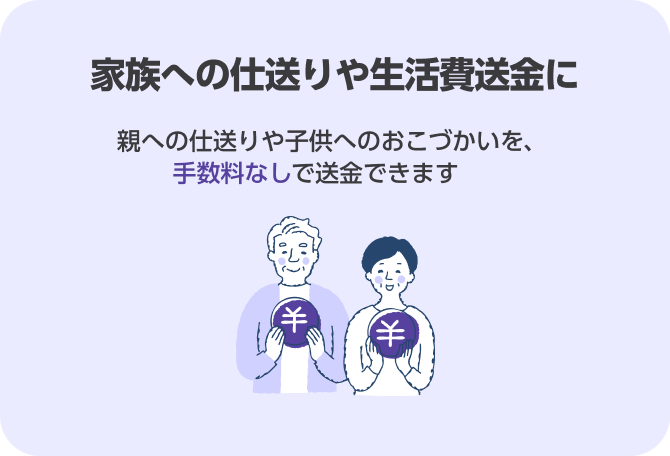 家族への仕送りや生活費送金に 親への仕送りや子供へのおこづかいを、手数料なしで送金できます