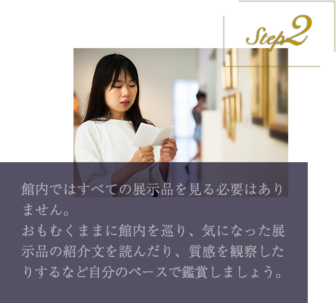 step2 館内ではすべての展示品を見る必要はありません。おもむくままに館内を巡り、気になった展示品の紹介文を読んだり、質感を観察したりするなど自分のペースで鑑賞しましょう。