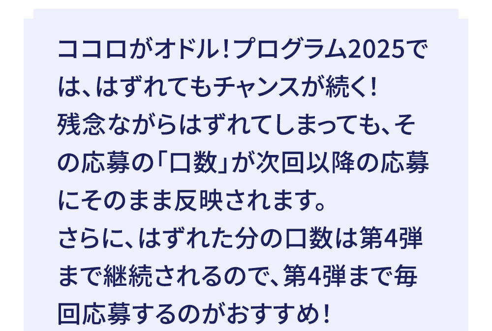 ココロがオドル！プログラム2025では、はずれてもチャンスが続く！残念ながらはずれてしまっても、その応募の「口数」が次回以降の応募にそのまま反映されます。さらに、はずれた分の口数は第4弾まで継続されるので、第4弾まで毎回応募するのがおすすめ！
