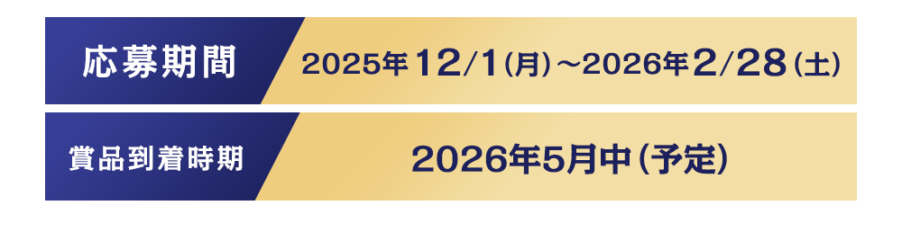 応募期間 2025年12月～2026年2月、賞品到着時期 2026年5月中（予定）