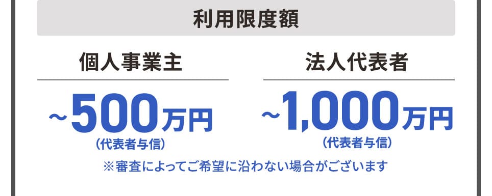 利用限度額 個人事業主さま ~500万円まで（代表者与信） 法人代表者さま ~1,000万円まで（代表者与信） ※審査によってご希望に沿わない場合がございま