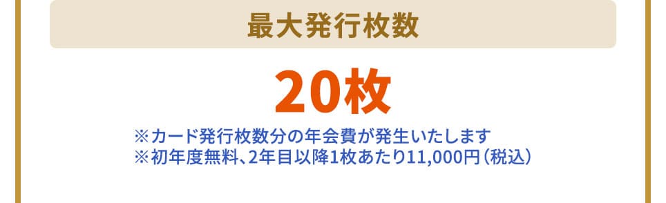 メンバーカード最大発行枚数 20枚 ※カード発行枚数分の年会費が発生いたします ※初年度無料、2年目以降1枚あたり11,000円（税込）