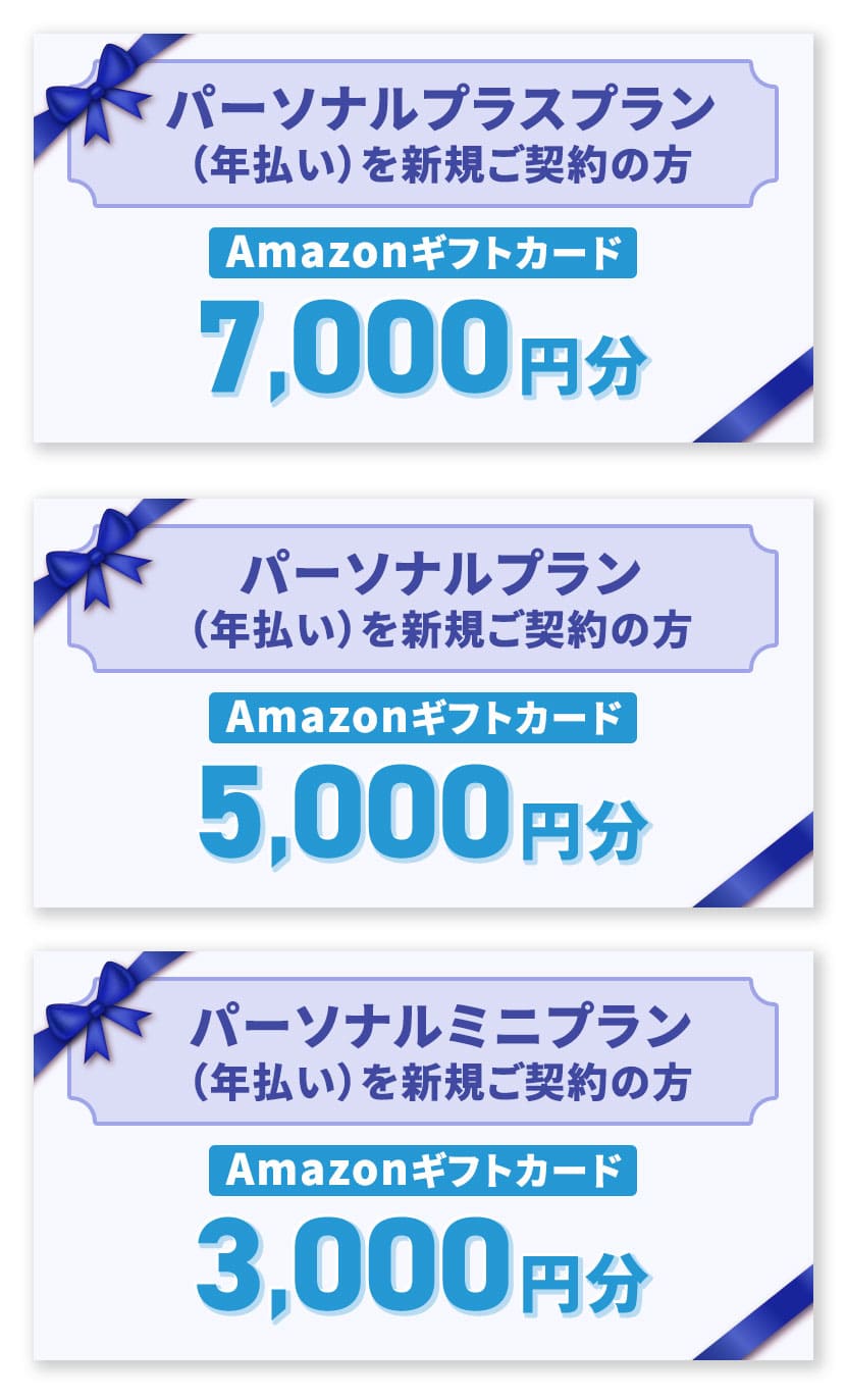 パーソナルプラスプラン(年払い)を新規ご契約の方 Amazonギフトカード 7,000円分 パーソナルプラン(年払い)を新規ご契約の方 Amazonギフトカード 5,000円分 パーソナルミニプラン(年払い)を新規ご契約の方 Amazonギフトカード 3,000円分