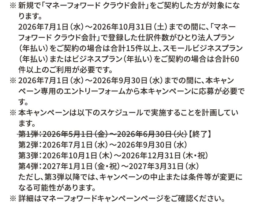 ※新規で「マネーフォワード クラウド会計」をご契約した方が対象になります。2026年7月1日(水)〜2026年10月31日(土)までの間に、「マネーフォワード クラウド会計」で登録した仕訳件数がひとり法人プラン(年払い)をご契約の場合は合計15件以上、スモールビジネスプラン(年払い)またはビジネスプラン(年払い)をご契約の場合は合計60件以上のご利用が必要です。 ※2026年7月1日(水)〜2026年9月30日(水)までの間に、本キャンペーン専用のエントリーフォームから本キャンペーンに応募が必要です。 ※本キャンペーンは以下のスケジュールで実施することを計画しています。 第1弾：2026年5月1日(金)〜2026年6月30日(火)【終了】 第2弾：2026年7月1日(水)〜2026年9月30日(水) 第3弾：2026年10月1日(土)〜2026年12月31日(木・祝) 第4弾：2027年1月1日(金・祝)〜2027年3月31日(水) ただし、第3弾以降では、キャンペーンの中止または条件等が変更になる可能性があります。 ※詳細はマネーフォワードキャンペーンページをご確認ください。